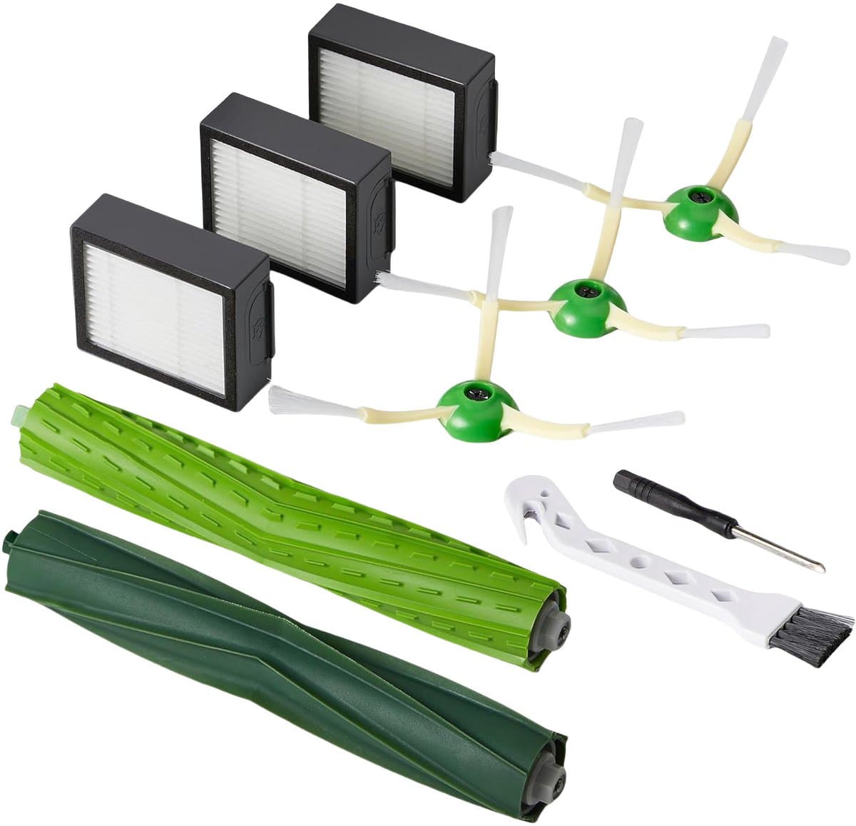 Geschikt voor accessoires voor iRobot Roomba i7 i7+ i3 E5 i3+ i4 i6 i6+ i8 i8+ robotstofzuigers – Compatibel met i7 i8 i6 i5 i4 i3 i1 E5 E6 J5 J6 J7 J8 J9 Plus – 3 HEPA Filters – 3 Zijborstels – 2 Rubberen Hoofdborstels – Vervangende Onderdelen Set — afbeelding 1