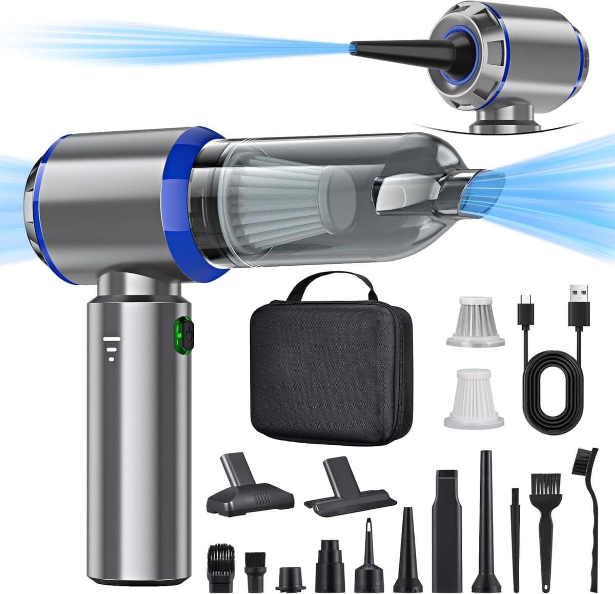 Draadloze Handstofzuiger - Mini Stofzuiger Auto - Snel Schoonmaken - 3-in-1 Functie - 18000 PA - Zilverblauw — afbeelding 1