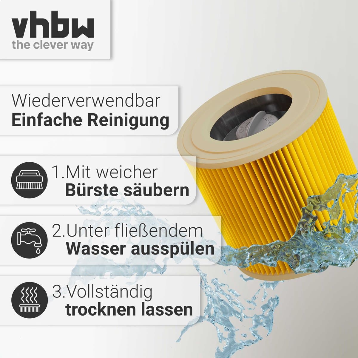 vhbw geplooid vervangingsfilter voor Kärcher 2.863-303.0, 6.414-772.0, 6.414-552.0, 9.755-260.0, 6.414-547.0 stofzuigers - cartridgefilter geel, wasbaar — afbeelding 1