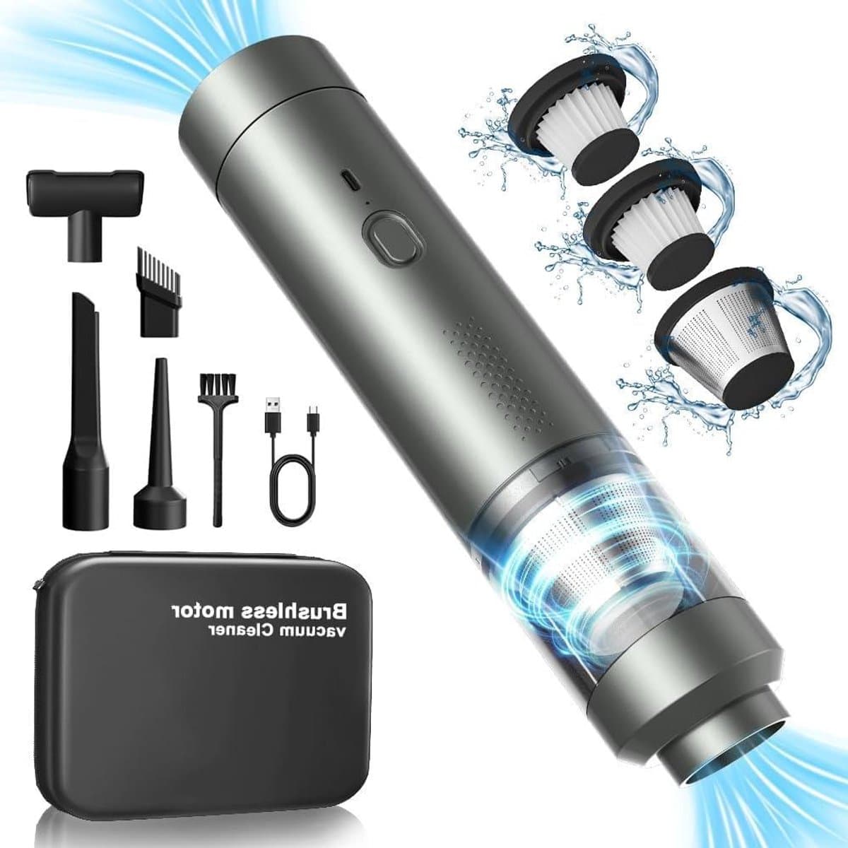 Draadloze Auto Stofzuiger - Handstofzuiger Mini - Auto Interieur Reinigen - 4-in-1 Multifunctioneel - 23 Kpa Zuigkracht - Zilver — afbeelding 1