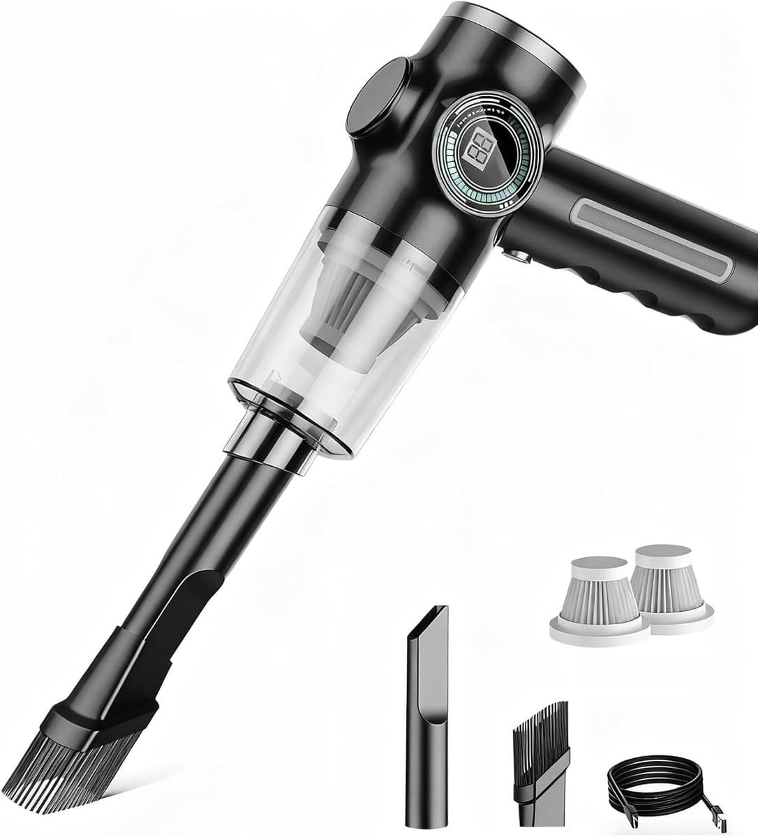Draadloze handstofzuiger met hoge snelheid, directe start, LED-display, compact en draagbaar, met wasbaar filter, geschikt voor auto-onderdelen, toetsenborden en banken (zwart). — afbeelding 1