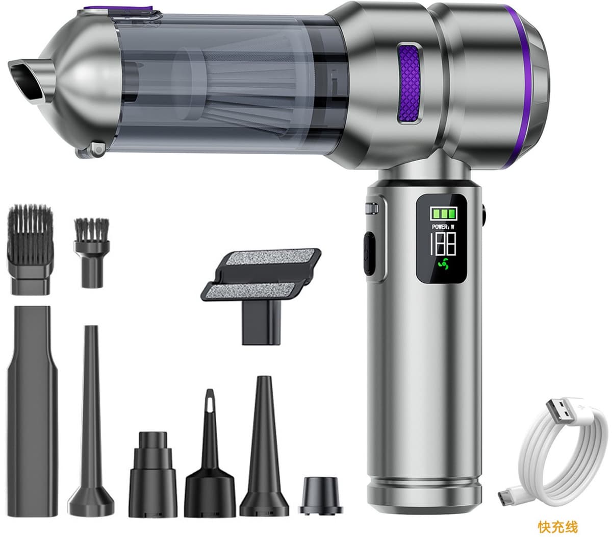 4‑in‑1 draadloze accu‑handstofzuiger, 32000PA sterke autostofzuiger met lcd‑scherm, borstelloze motor, 3 versnellingen, 300000 omw/min, mini stofzuiger voor auto en kantoor(Zilverachtig paars) — afbeelding 1