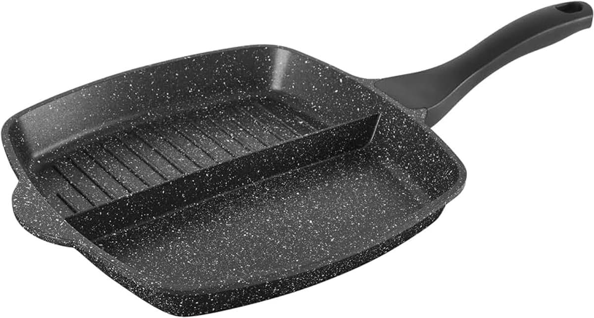 716947 Koekenpan met 2 delen, 26 x 26 cm, om tegelijkertijd te frituren en te grillen, gegoten zwart aluminium, pan met antiaanbaklaag, hittebestendig, voor alle warmtebronnen + inductie — afbeelding 1