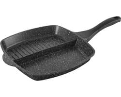 716947 Koekenpan met 2 delen, 26 x 26 cm, om tegelijkertijd te frituren en te grillen, gegoten zwart aluminium, pan met antiaanbaklaag, hittebestendig, voor alle warmtebronnen + inductie