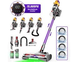 Hiaonyx steelstofzuiger - 9-in-1 steelstofzuiger draadloos - 75000pa - Met dierenborstel - LED Groene Stofdetectielamp - Geschikt voor Tapijten - Harde Vloeren en Dierenharen - 2-liter stofopvangbox - Paars
