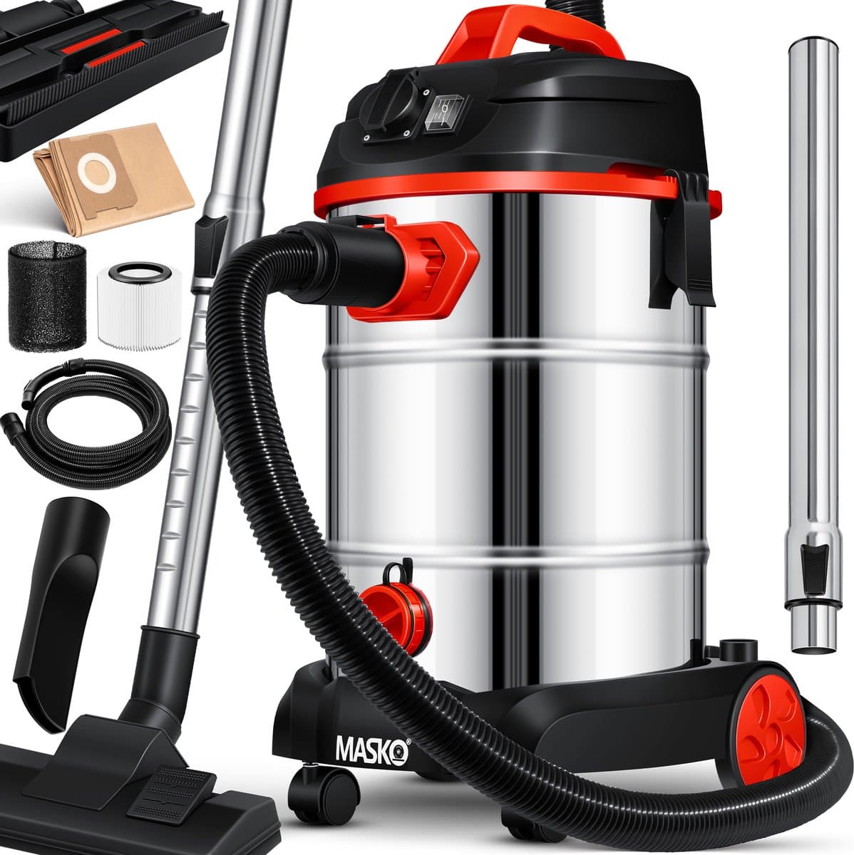 MASKO® Alleszuiger Nat- en Droogzuiger 1800W + stopcontact, Blaasfunctie, Droog- & natzuigen | Industriële stofzuiger vuilreservoir 30L Bouwstofzuiger - Rood — afbeelding 1