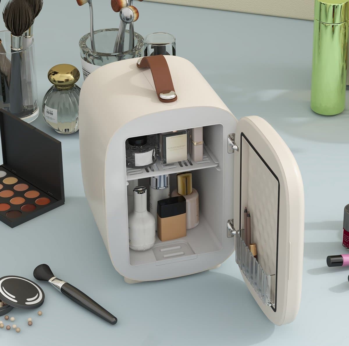 MEUNIQ mini koelkast 4 L cosmetica koelkast met koel- en verwarmingsfunctie, draagbare beauty fridge met handgreep voor cosmetica, drankjes en snacks, crèmewit — afbeelding 1