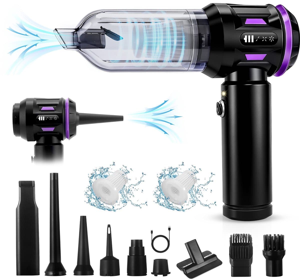 Glitzerlife - Handstofzuiger, Accu, Mini-Stofzuiger, Draadloos, 25000 Pa, Handstofzuiger, Sterk, 4-In-1 Autostofzuiger Met Borstelloze Motor, 3 Standen, DraagGlitzerlife -bare Stofzuiger Voor Auto - Zwart-Paars — afbeelding 1
