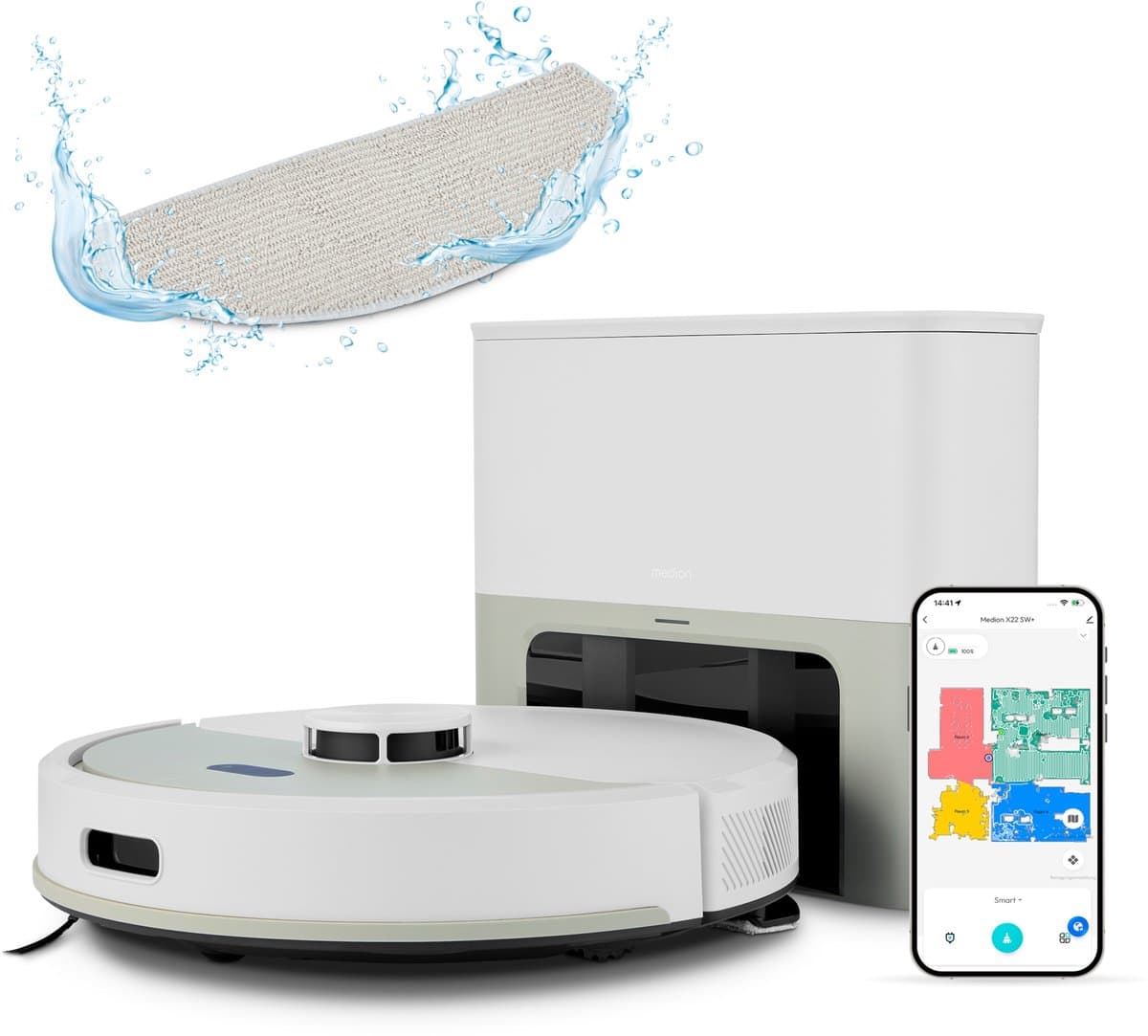 MEDION Robotstofzuiger met afzuigstation en dweilfunctie X22 SW+ (lasernavigatie, 5.000 Pa, 2-in-1, nauwkeurige mapping, no-go zones, meerdere etages, MD 100021) grijs — afbeelding 1