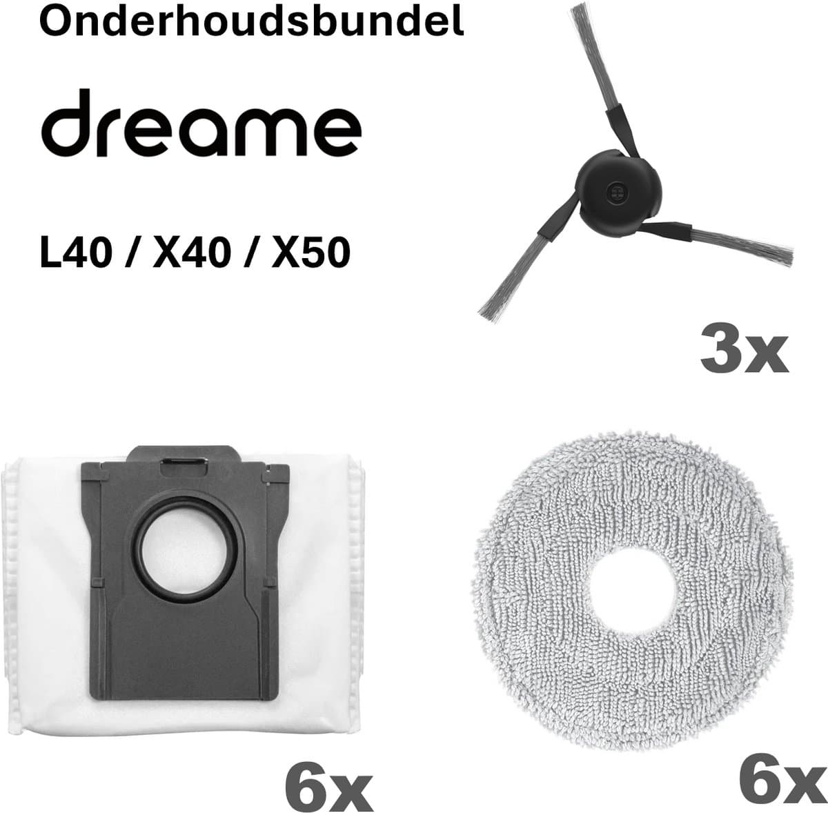 Dreame L40 / X40 / X50 Onderhoudsbundel 3x Zijborstel 6x Dweilpad 6x Stofzuigerzak — afbeelding 1