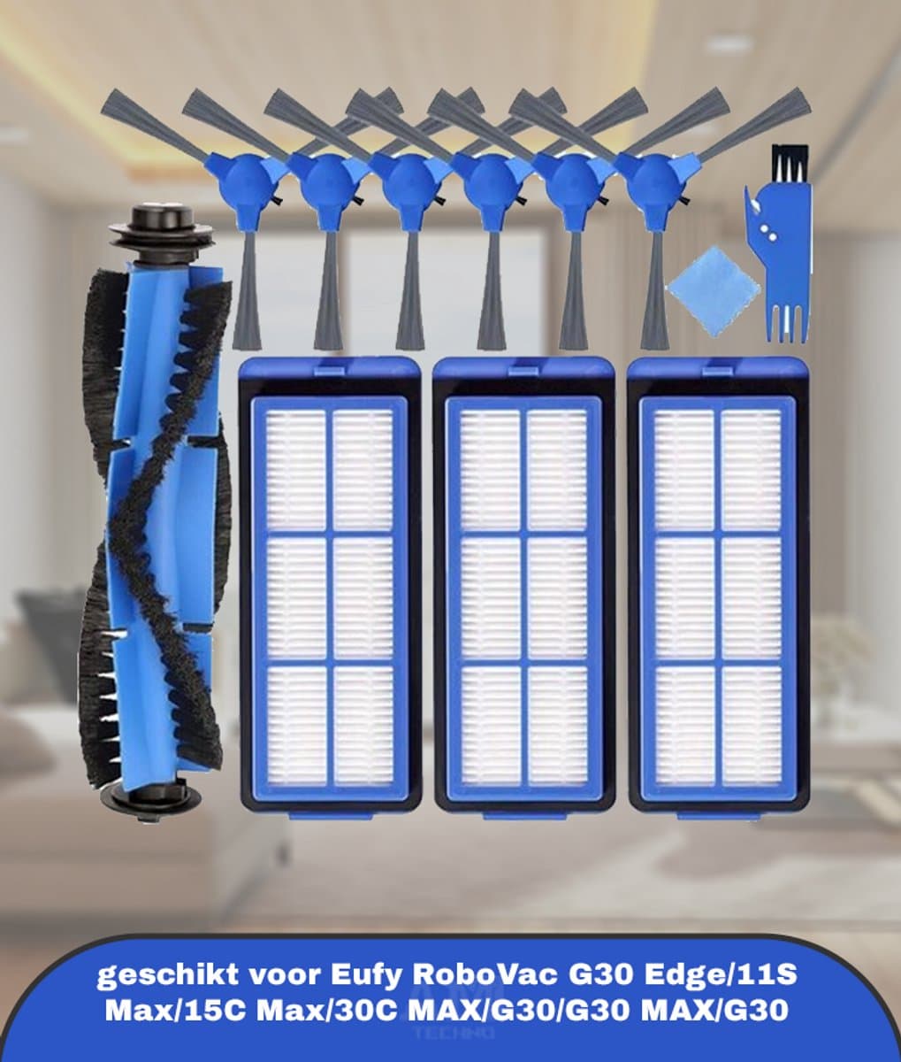 Accessoireset Vervangende onderdelen geschikt voor Eufy RoboVac G30 Edge/11S Max/15C Max/30C MAX/G30/G30 MAX/G30 Hybrid Robotstofzuiger, 1 x hoofdborstel, 3 x HEPA-filters, 6 x zijborstels (10 stuks) — afbeelding 1