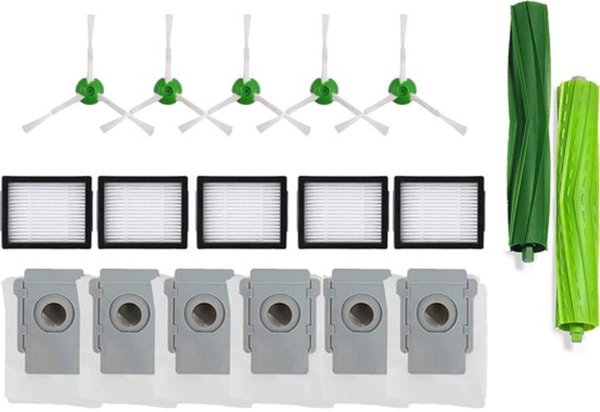 18 onderdelen geschikt voor iRobot Roomba i7 i7+ i3 i3+ i4 i4+ i5 i5+ i6 i6+ i8 i8+ E5 E6 E7 - stofzuigeronderdelen - 6 stofzuigerzakken / 5 HEPA-filter / 5 zijborstel / 2 wals — afbeelding 1
