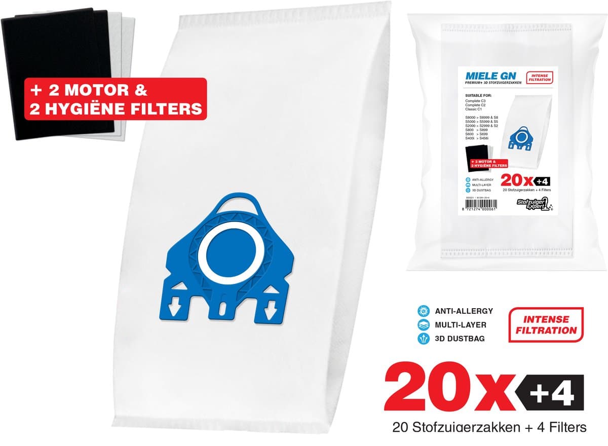 20x GN Premium Plus Verbeterde 3D Stofzuigerzakken geschikt voor Miele - 20x Zakken + 4 filters - Speciaal voor Huisdieren en Allergieën zoals Cat en Dog - Stofzakken geschikt voor Miele C3, C2, C1, S8, S5, S2, S8000, S5000, S2000, S800, S600 en S400 — afbeelding 1