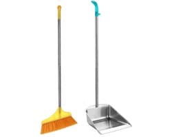 Stofblik en Bezem - Stoffer en Blik Set - Vloeren Schoonmaken - Roestvrij Staal - Lang Steel - Blauw