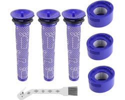Vervangingsset met 6 stofzuigerfilters voor de Dyson V7 - V8 Animal en V8 Absolute draadloze stofzuiger - inclusief 3 nafilters en 3 voorfilters. Vervangt onderdeelnummers 965661-01 en 967478-01.
