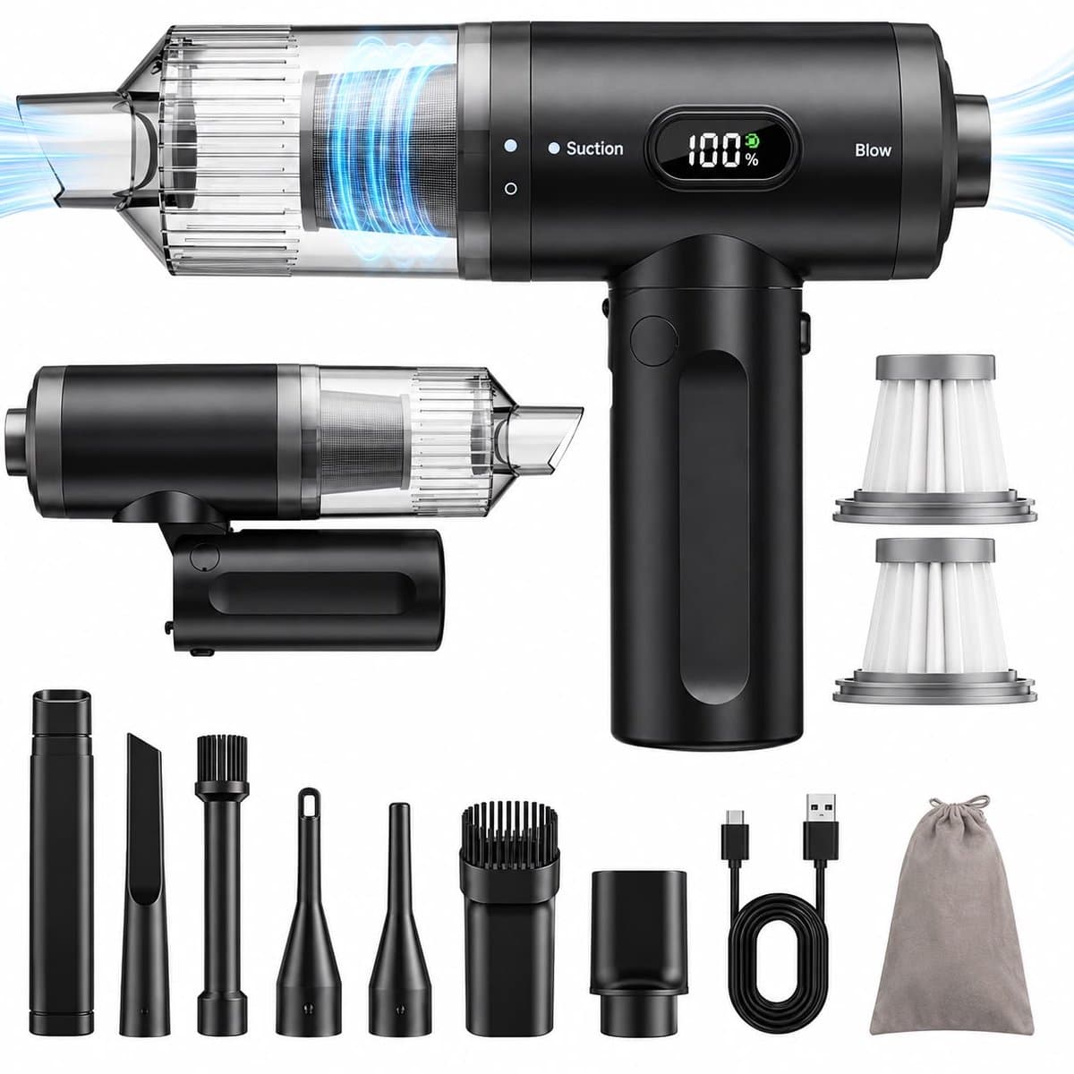 MSB HANDEL® 2-in-1 Auto Stofzuiger - Zuigen & Blazen - Kruimeldief - 7 Opzetstukken - Oplaadbaar - Handstofzuiger - Air Duster - Zwart — afbeelding 1