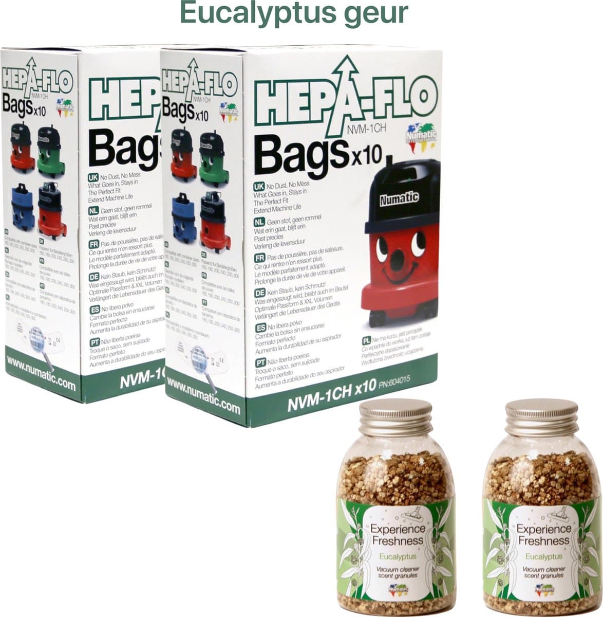 Numatic - 2x Stofzuigerzakken + 2x Geurkorrels (eucalyptus geur) - Hepa flo bags - Voor Henry/Hetty - NVM 1CH X10 - COMBIDEAL — afbeelding 1