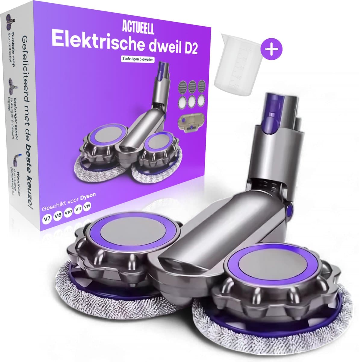 Actueell® Elektrische Opzetstuk D2 Geschikt voor Dyson V7 V8 V10 V11 V15 Steelstofzuiger – Mop Dweil Vloerwisser – Stofzuigermond – Vloermop – Nat & Droog – Inclusief 6 Dweil Pads — afbeelding 1