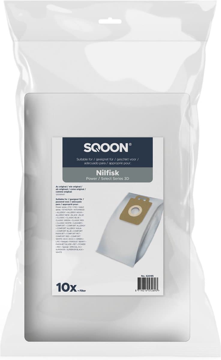 SQOON® Stofzuigerzakken Geschikt voor Nilfisk Power- & Select-series - Vervangt 128389187 / 107407639 - 10 Stuks — afbeelding 1