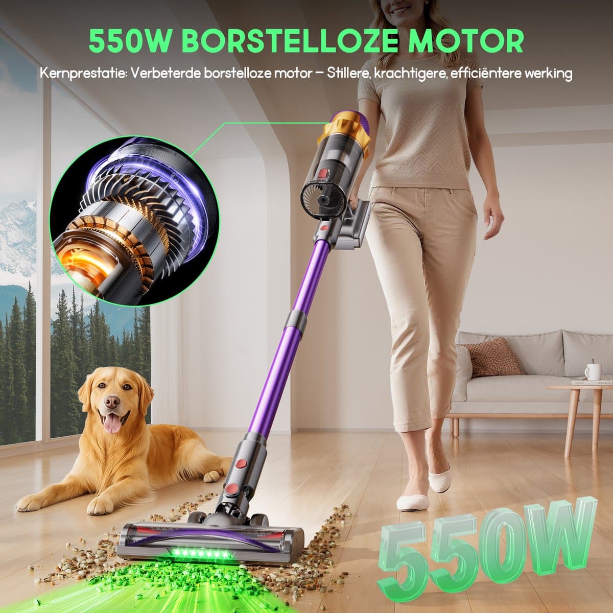 Hiazurm steelstofzuiger - 9-in-1 steelstofzuiger draadloos - 75000pa - Met dierenborstel - LED Groene Stofdetectielamp - Geschikt voor Tapijten - Harde Vloeren en Dierenharen - 2-liter stofopvangbox - Paars — afbeelding 1