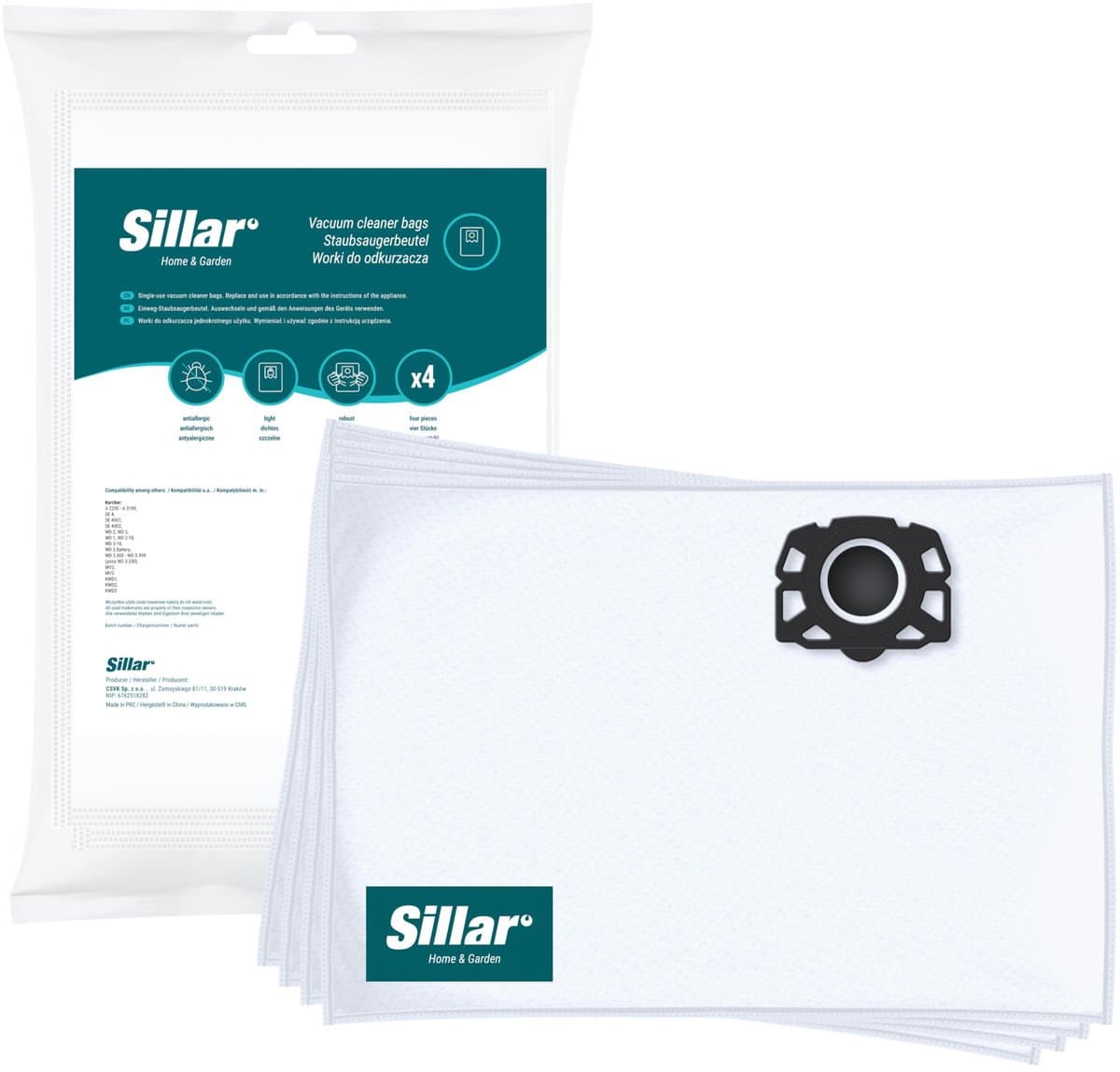 Sillar, stofzuigerzakken synthetisch - anti-allergeen, vervanging voor 6.959-130.0 2.863-314.0 KFI 357 - geschikt voor stofzuigers Karcher WD1 WD2 WD3 WD3.200 KWD1 KWD2 KWD3 SE4 SE4001 SE4002 - 4 stuks — afbeelding 1