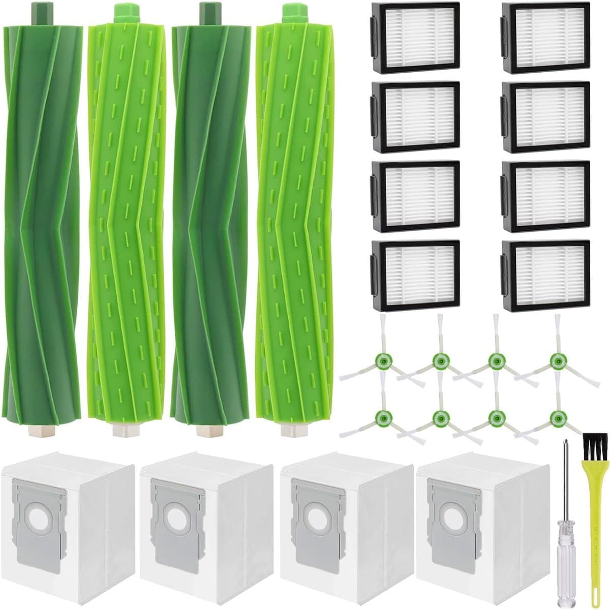 Accessoires geschikt voor iRobot Roomba i7 i7+ / i7 Plus E5 E6 E7 robotstofzuiger, reserveonderdelen met 4 rubberen borstels, 8 filters, 8 zijborstels, 4 stofzakken, 1 schroevendraaier, 1 — afbeelding 1