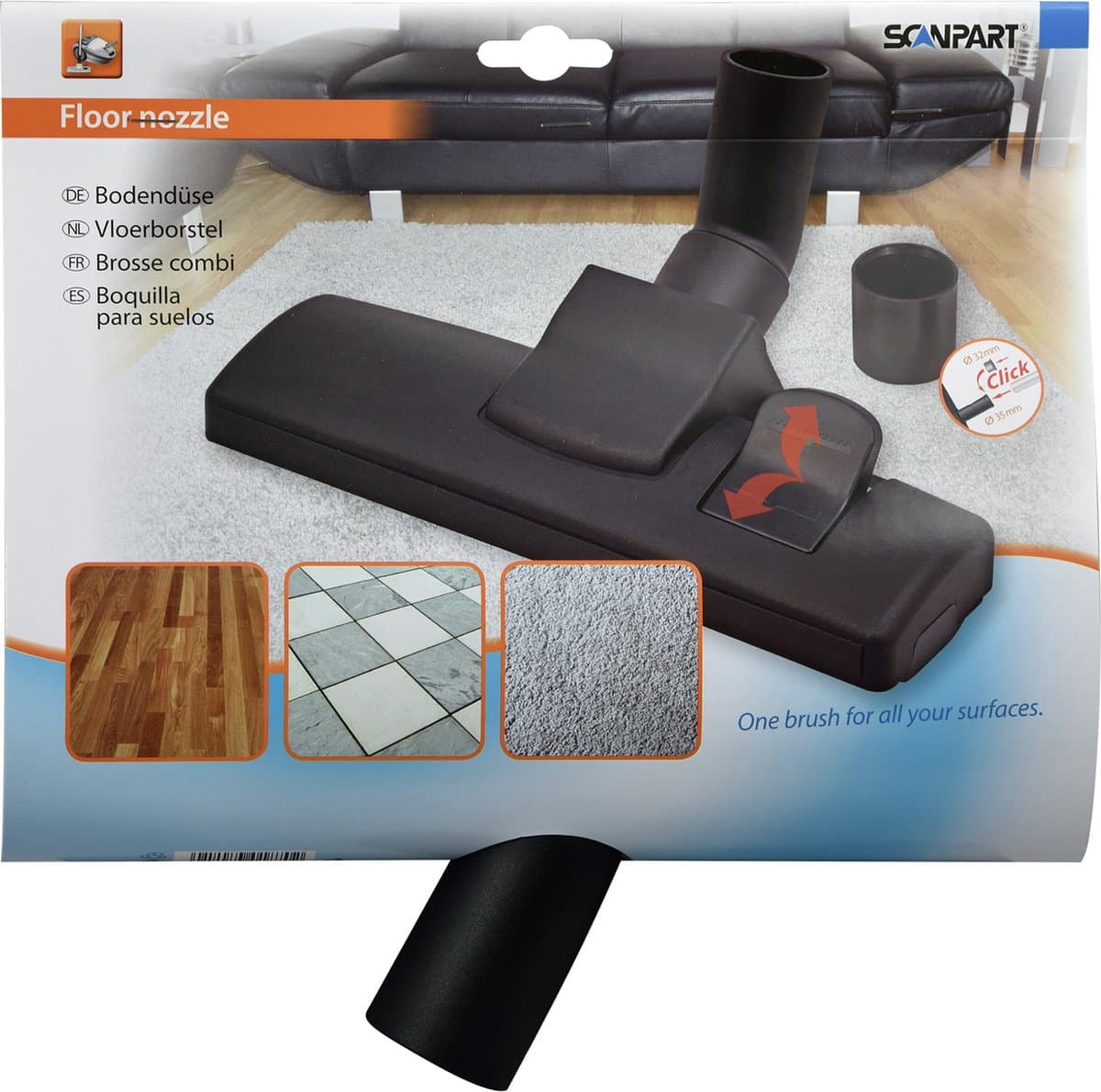 Scanpart stofzuigermondstuk 32 en 35 mm - Geschikt voor AEG Bosch Electrolux Miele Moulinex Nilfisk Panasonic Philips Rowenta Siemens - Zuigmond - Combimond - Voor harde en zachte vloeren - Universeel — afbeelding 1