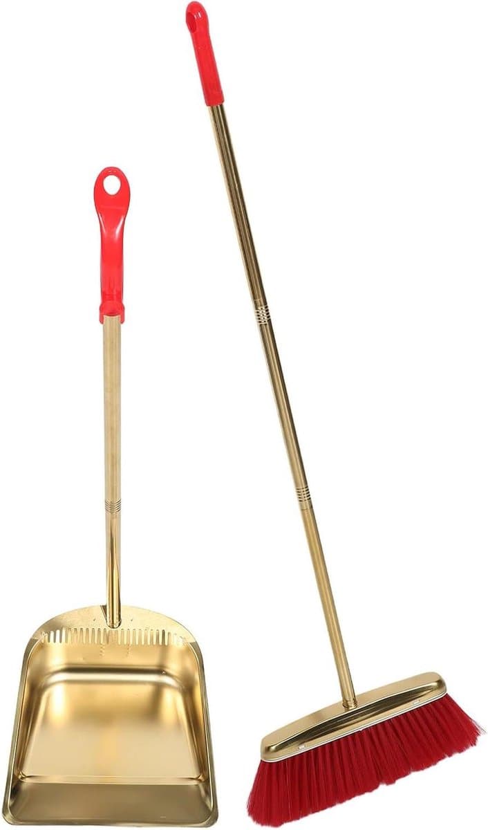 Bezem Stofblik Set - Huishoudelijke Reiniging - Vloeren Schoonmaken - Staande Stofpan - 94 cm Hoogte - Goudkleurig — afbeelding 1