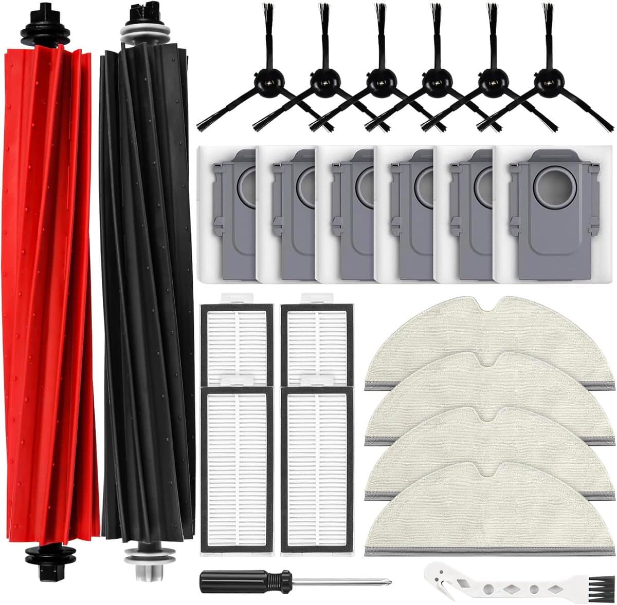 24-delig accessoireset gescht voor Roborock Q8 Max/Q5 Pro/Q5 Pro+/Q8 Max+ robotstofzuiger – 2 hoofdborstels, 6 stofzakken, 4 dweilpads, 4 HEPA-filters, 6 zijborstels, 1 reinigingsborstel, 1 schroevendraaier — afbeelding 1