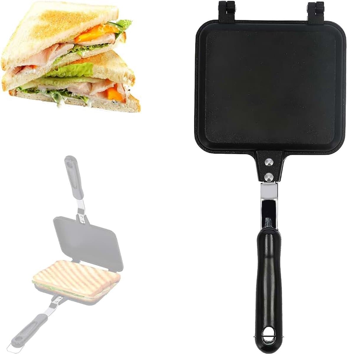 Dubbelzijdige braadpan, vierkant, anti-aanbak, ontbijt, braadpan, sandwich, brood, toast, bakken, pannenkoekenpan, omkeerbare pan, breakfast sandwichmaker met hittebestendig handvat — afbeelding 1
