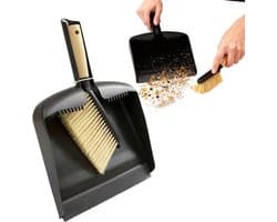 Mini bezem en veegset - Kleine bezem Veegblik - Snelle reiniging - Ergonomische houten handgreep - Compact ontwerp - Zwart