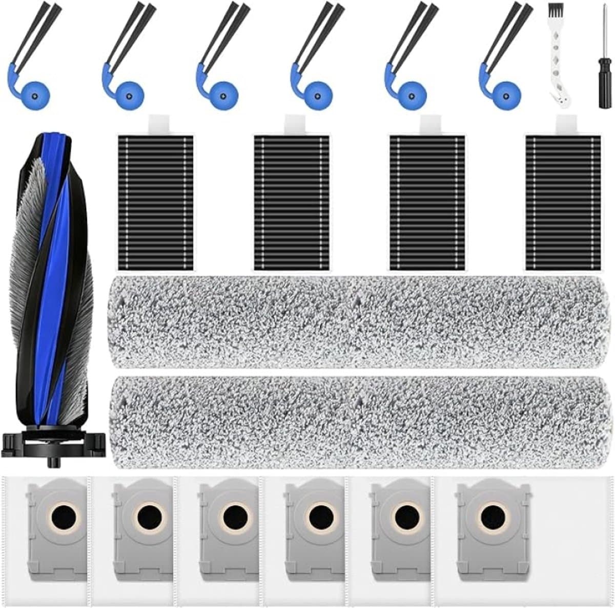 21-delige accessoireset voor Ecovacs Deebot T90 Omni / T90 Pro Omni / X12 Pro Omni robotstofzuiger, 1 hoofdborstel, 6 stofzakken, 2 rolmoppen, 4 filters, 6 zijborstels, 1 reinigingsborstel, 1 schroevendraaier — afbeelding 1