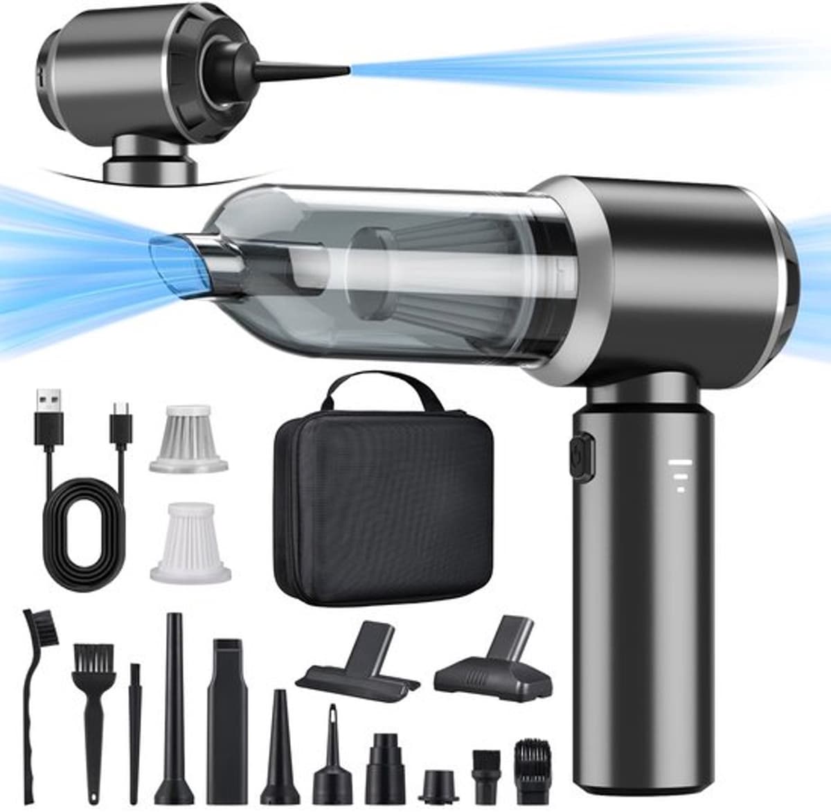 2-in-1 handstofzuiger accu, 18000PA handstofzuiger, draadloos, autostofzuiger, sterk, 3 snelheden 200.000 tpm elektrische stofblazer persluchtspray voor het reinigen van auto, keuken, pc, bank, kantoo — afbeelding 1