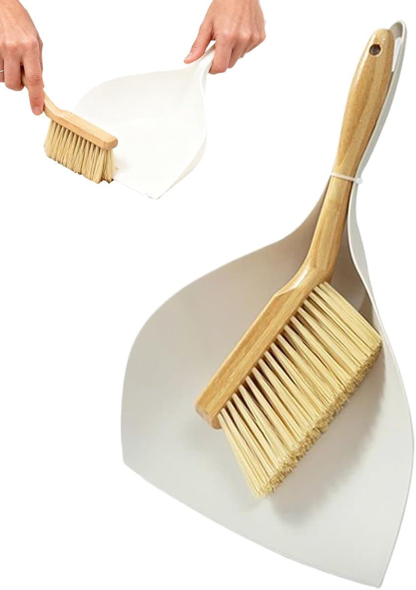Mini Stoffer Blik - Handbezem Set - Kruimels Opvegen - Houten Handvat - Compact Formaat - Natuurlijk — afbeelding 1
